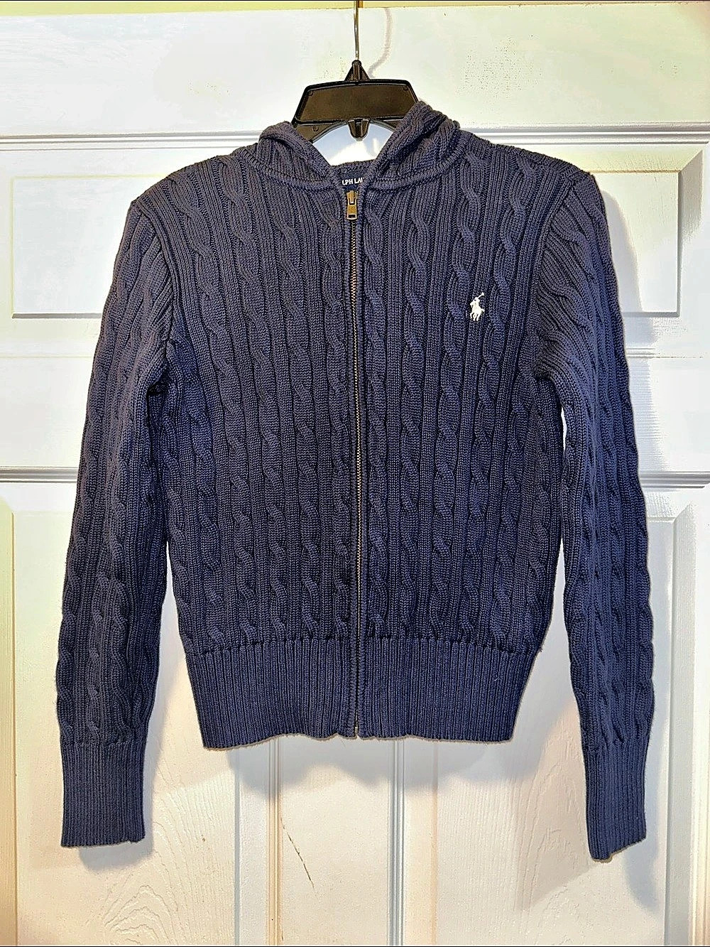 Girl’s Ralph Lauren Polo Navy Blue Hooded Cable Knit Zip-Up Sweater Size XL (16)